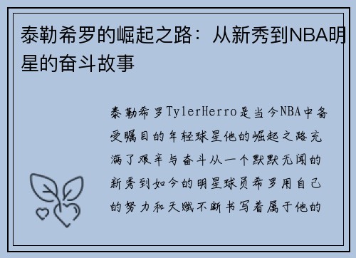 泰勒希罗的崛起之路:从新秀到NBA明星的奋斗故事
